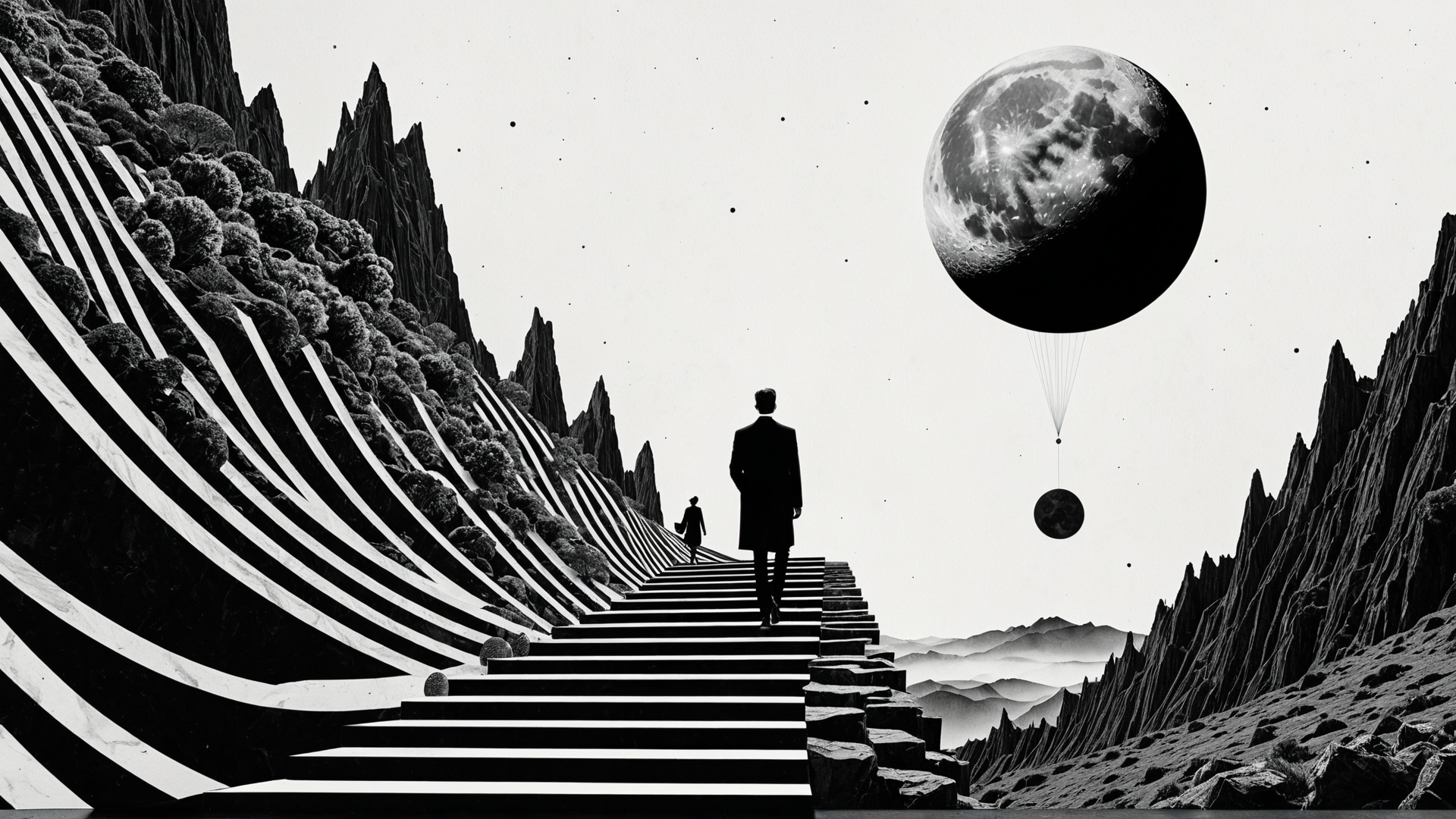 AI generated wallpaper featuring man, woman, staircase, mountain, moon, planet, rock, silhouette, landscape, path