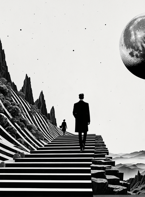 man, woman, staircase, mountain, moon, planet, rock, silhouette, landscape, path