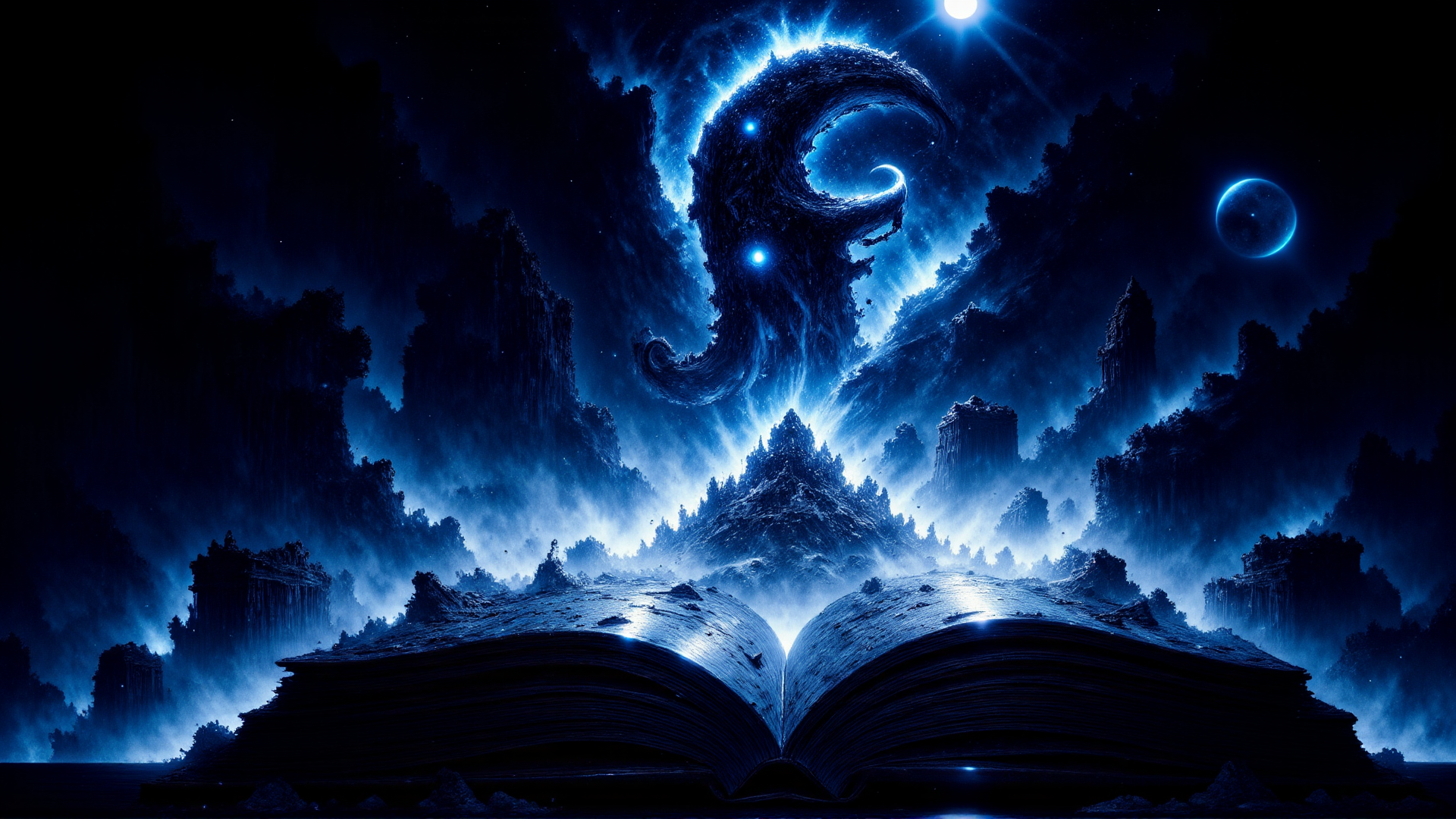 AI generated wallpaper featuring book, mountains, clouds, moons, stars, sky, trees, canyon, fog, light