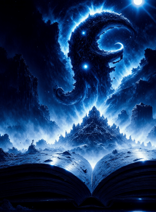 book, mountains, clouds, moons, stars, sky, trees, canyon, fog, light