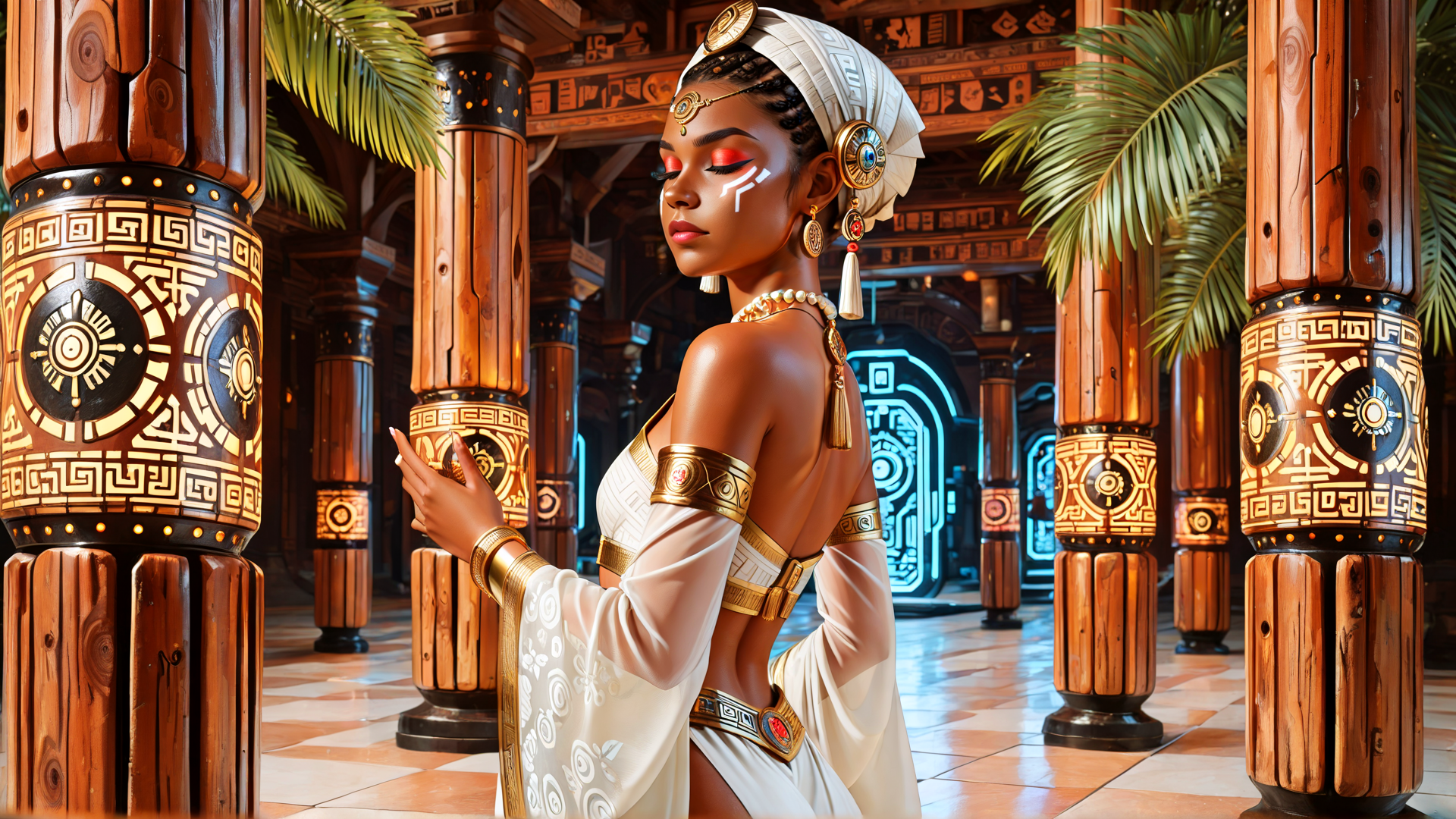 AI generated wallpaper featuring woman, columns, ancient, cultural, art, jewelry, fashion, architecture, tribal, dress