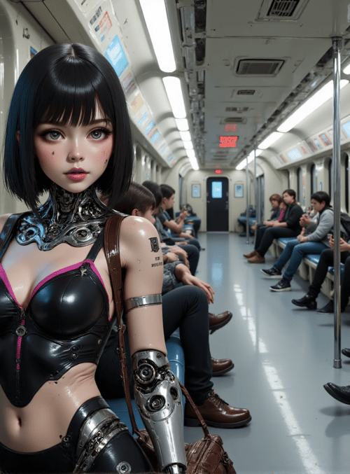 cyborg, woman, subway, passenger, train, sitting, people, neon, urban, futuristic