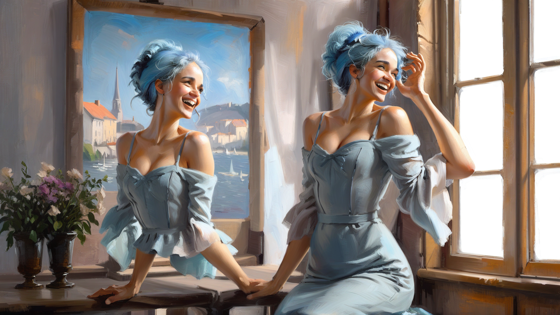 AI generated wallpaper featuring women, dress, window, flowers, painting, vase
