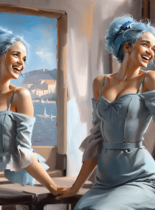women, dress, window, flowers, painting, vase