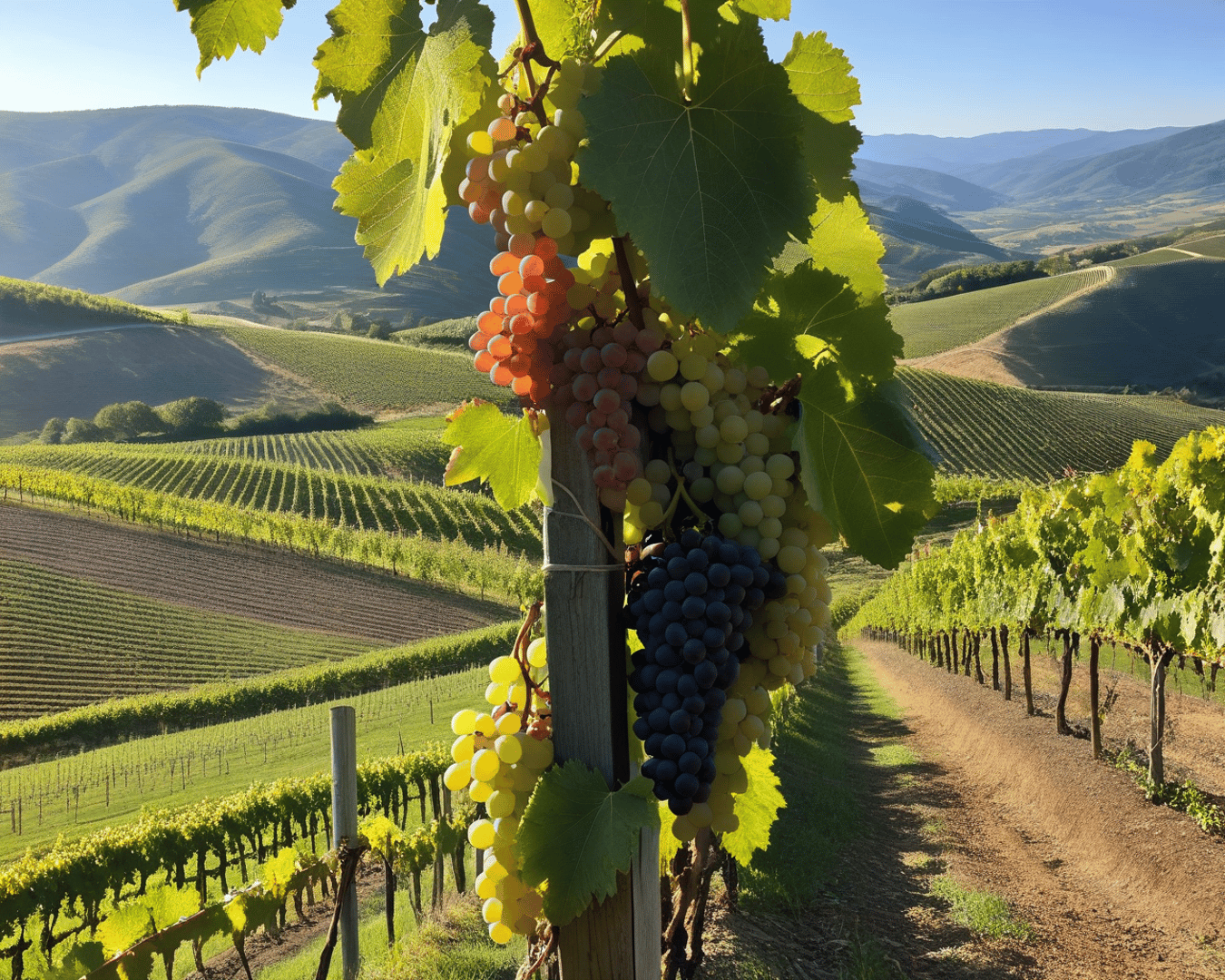 AI generated wallpaper featuring grapes, vineyard, mountains