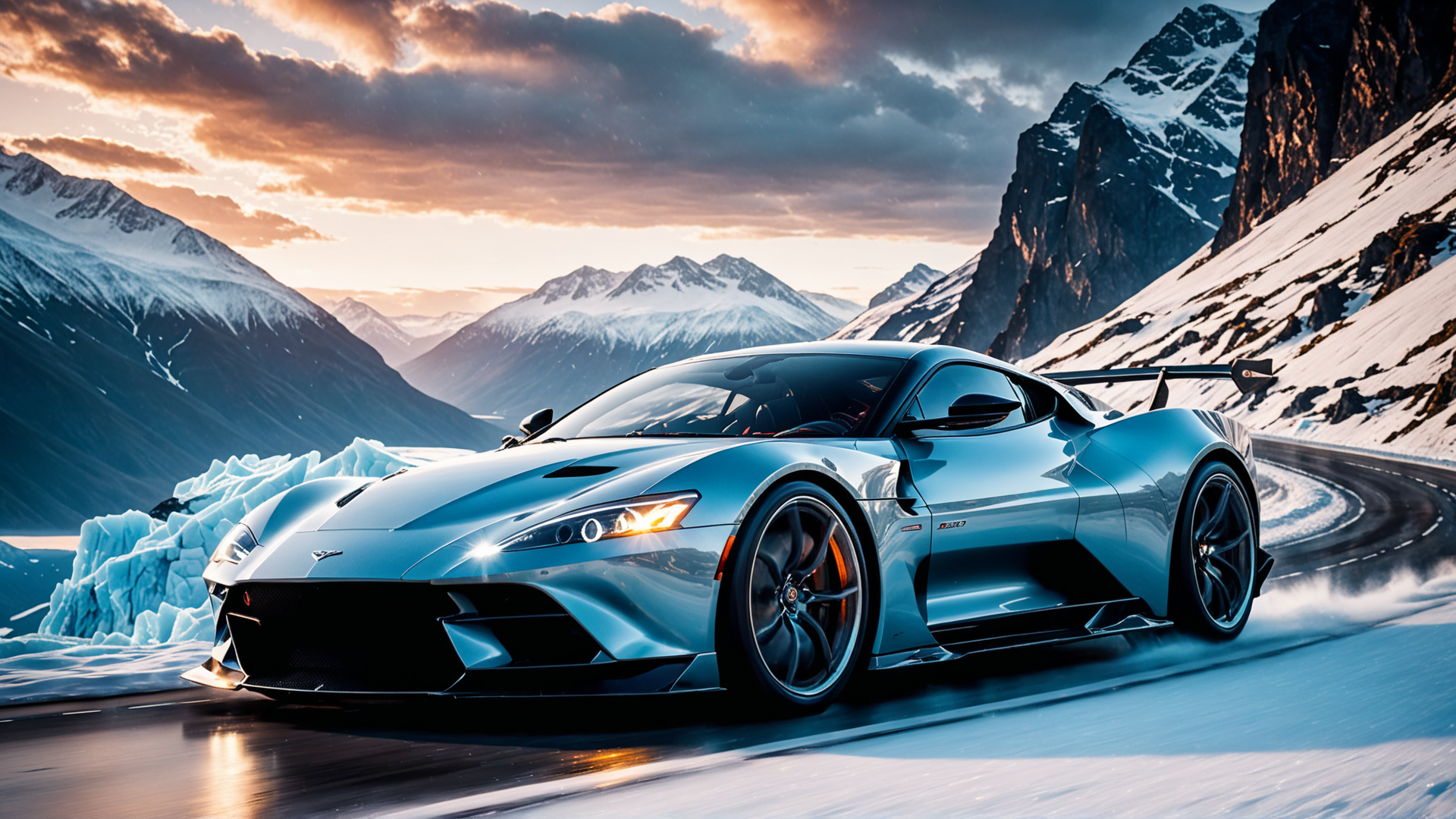 AI generated wallpaper featuring car, mountains, ice, road, sky