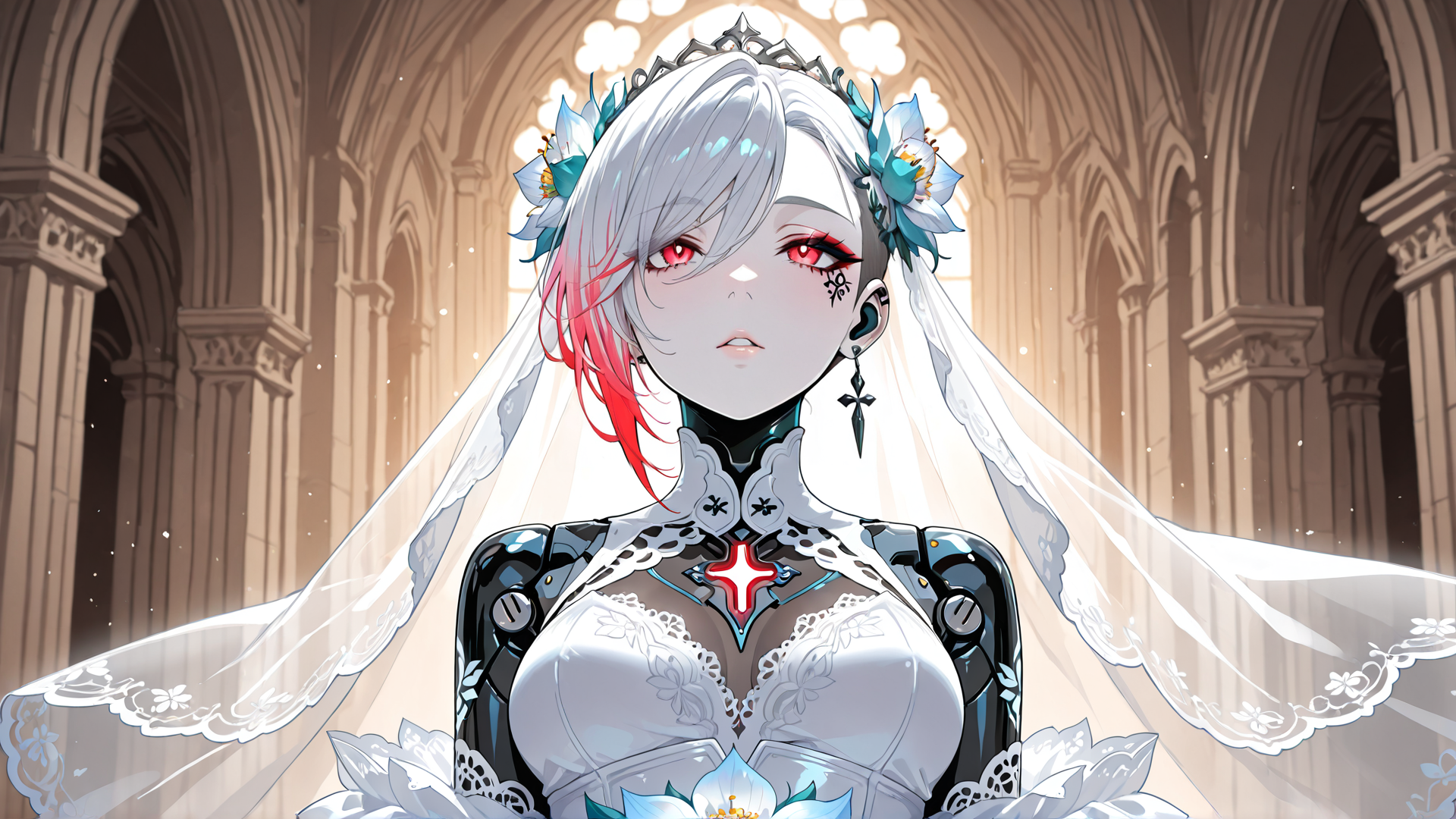 AI generated wallpaper featuring woman, bride, cyborg, angel