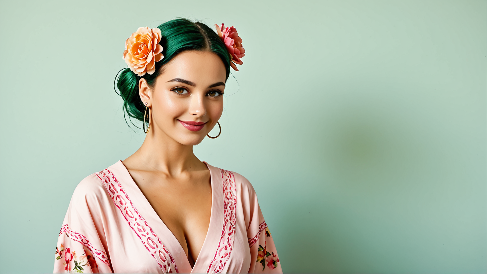 AI generated wallpaper featuring woman, flowers, hair, dress