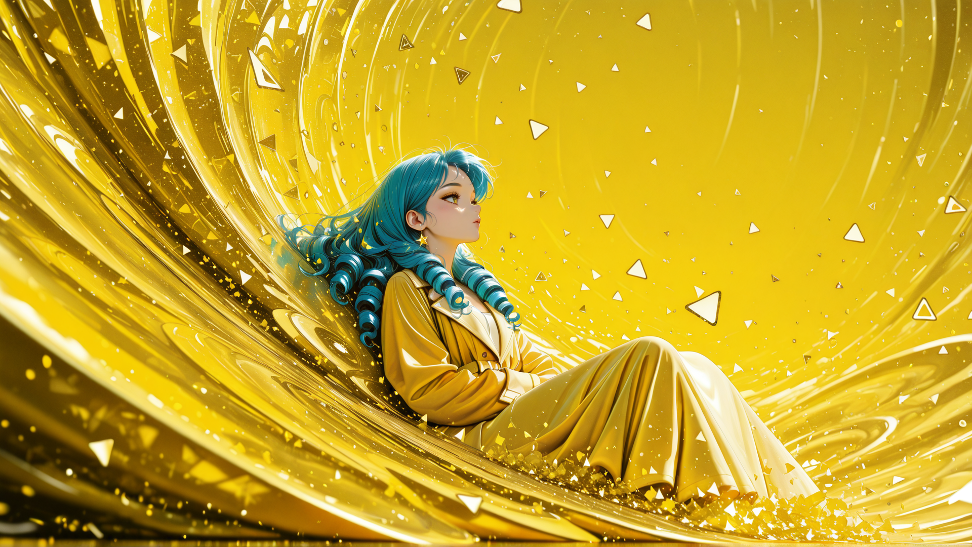 AI generated wallpaper featuring woman, blue hair, golden dress