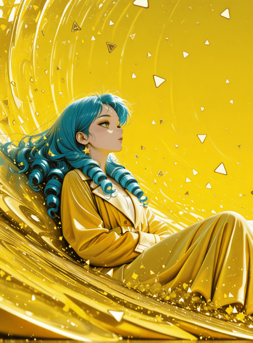 woman, blue hair, golden dress