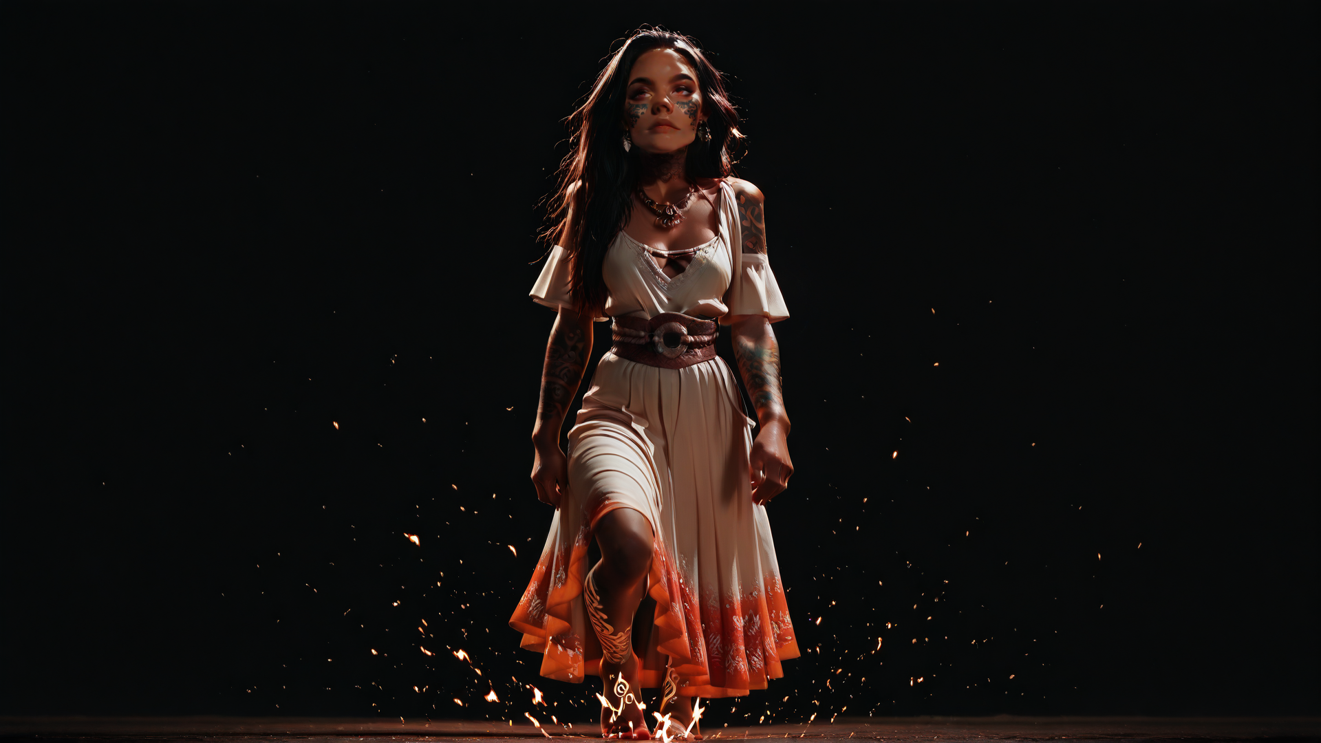 AI generated wallpaper featuring woman, dress, tattoo, fire, spark