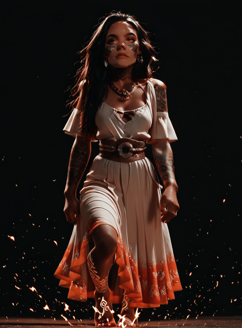 woman, dress, tattoo, fire, spark