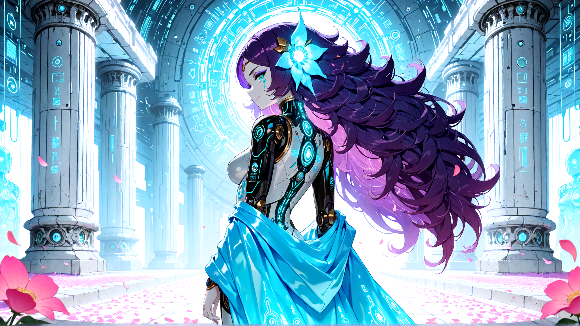 AI generated wallpaper featuring cybernetic woman, robot, column, flower, goddess
