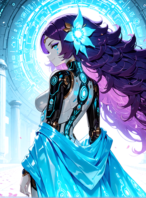 cybernetic woman, robot, column, flower, goddess