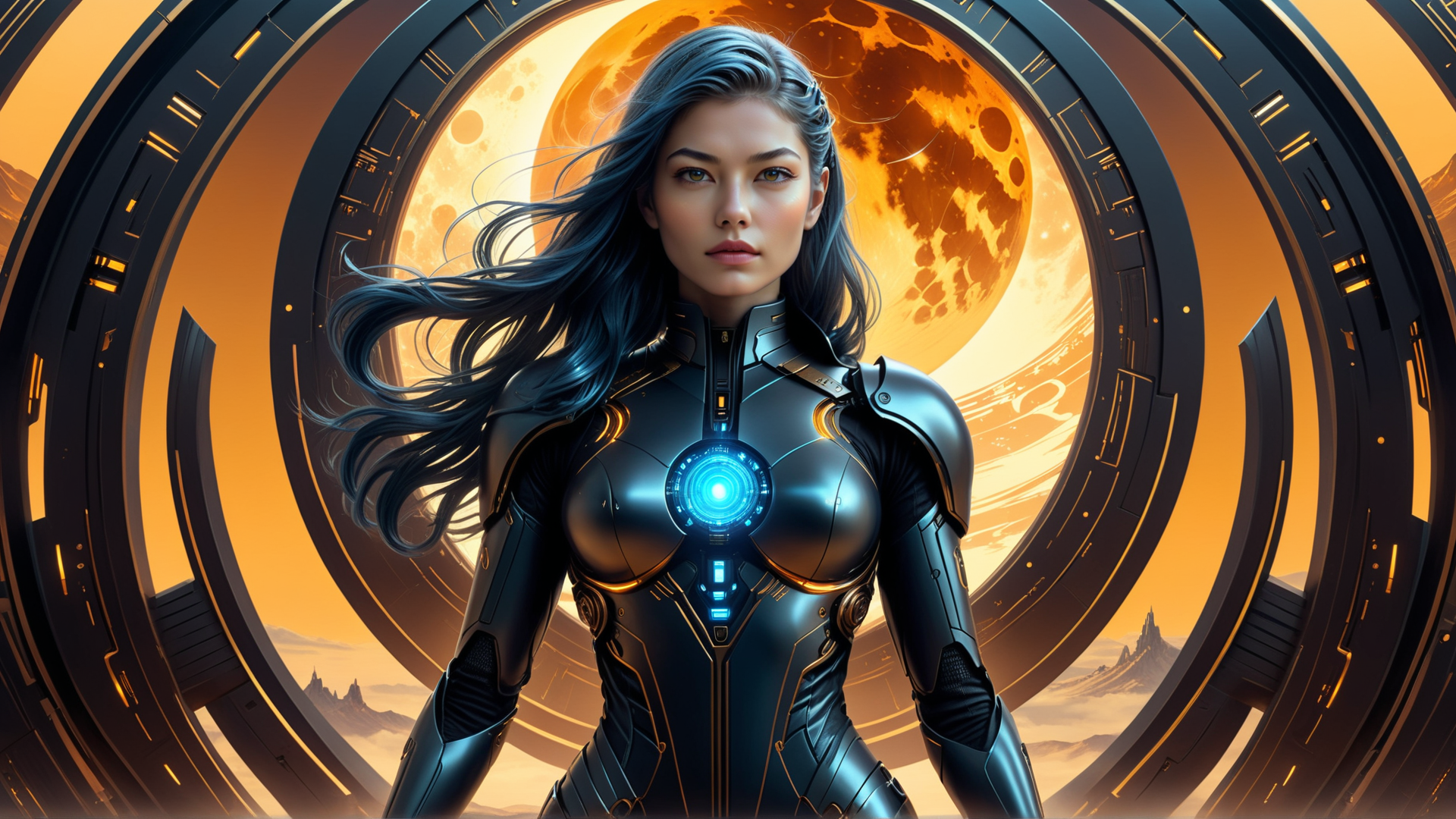 AI generated wallpaper featuring woman, cyborg, spacesuit, helix, moon, gears, planet