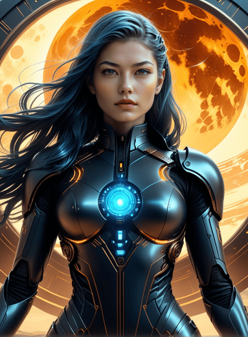 woman, cyborg, spacesuit, helix, moon, gears, planet