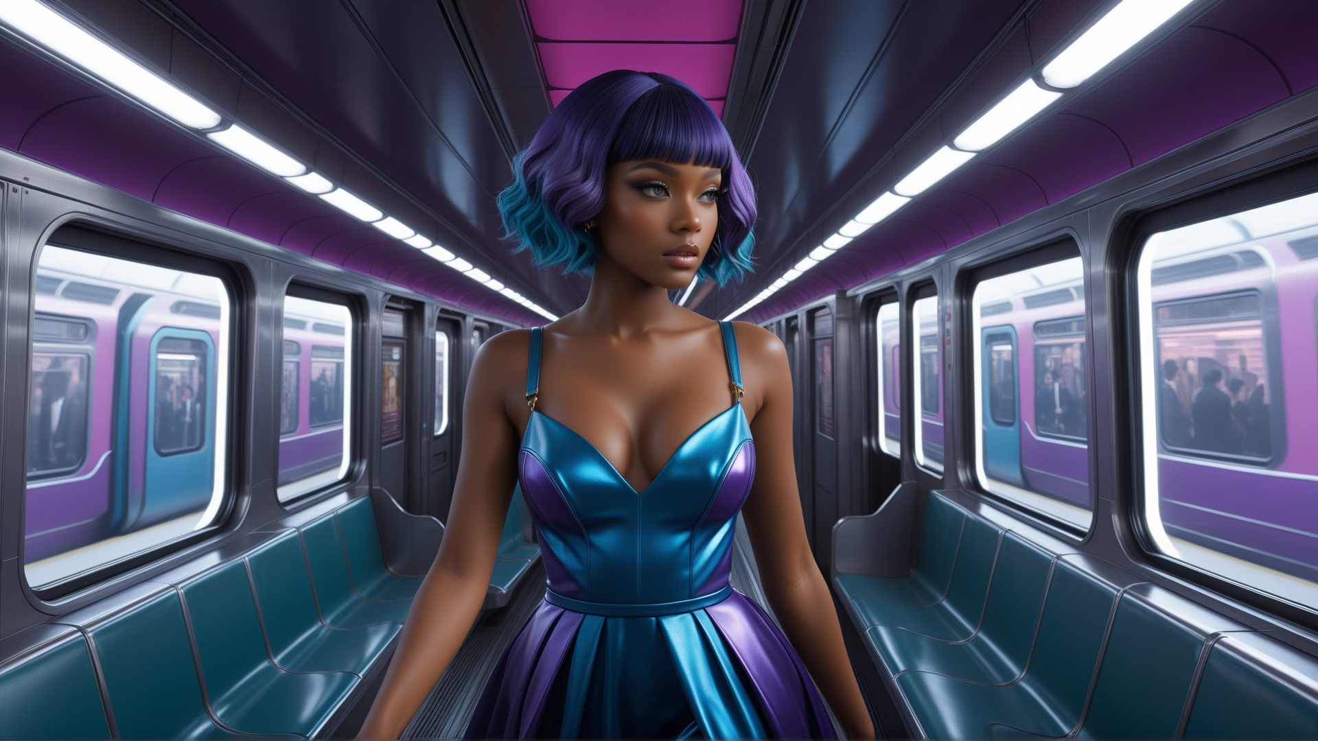 AI generated wallpaper featuring woman, train, subway, dress