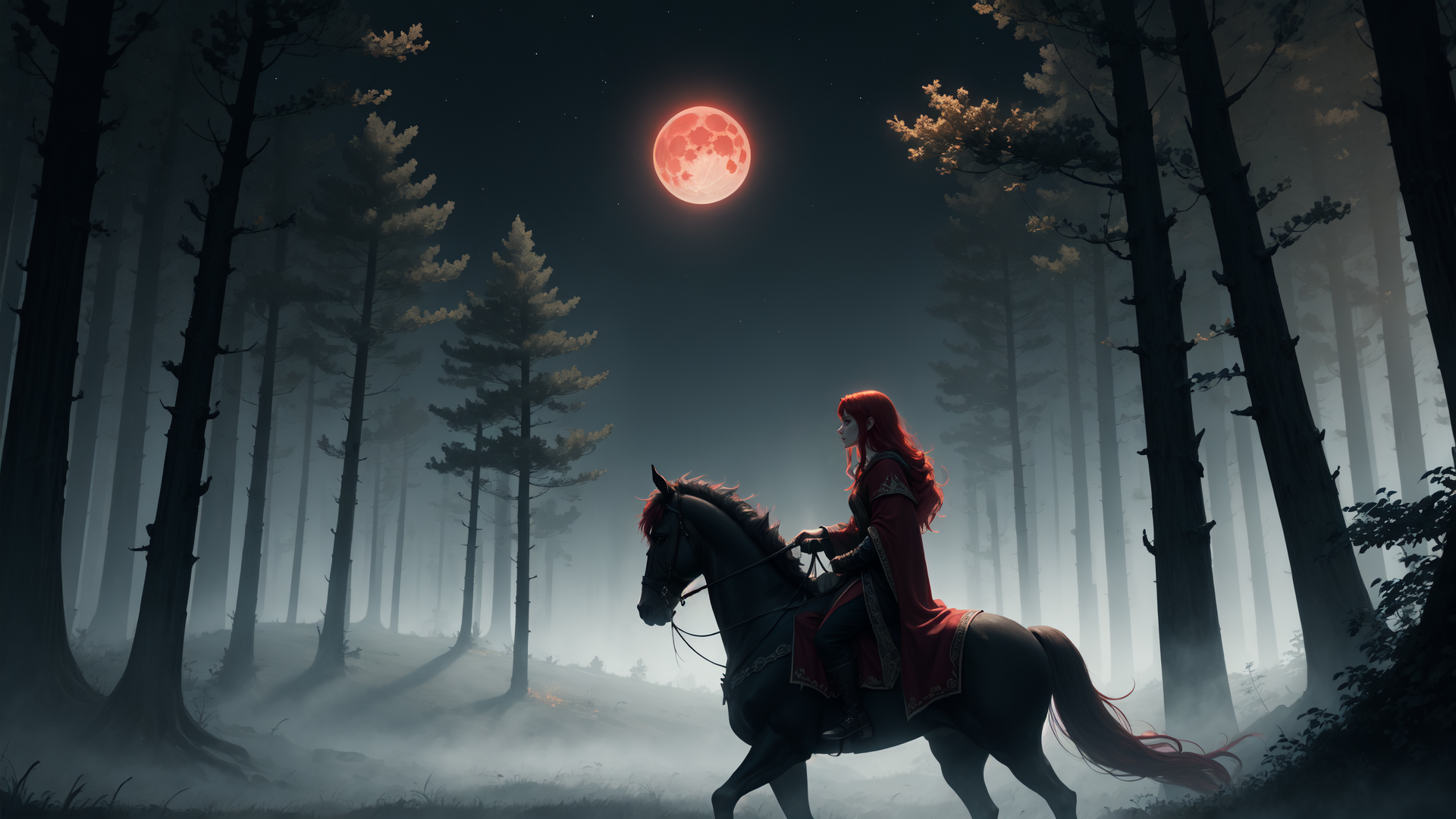 AI generated wallpaper featuring woman, horse, forest, moon, trees