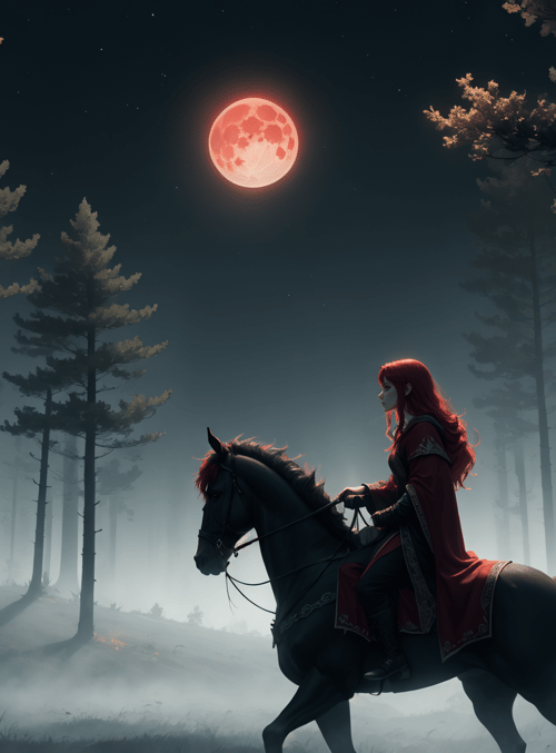 woman, horse, forest, moon, trees