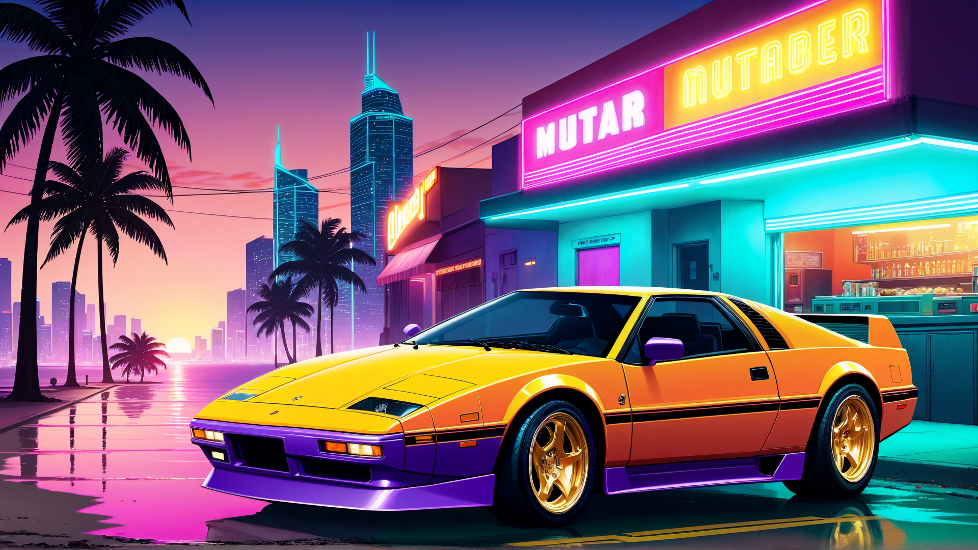 AI generated wallpaper featuring car, neon, palm tree, cityscape, store