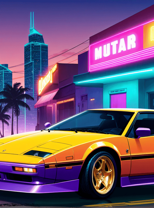 car, neon, palm tree, cityscape, store