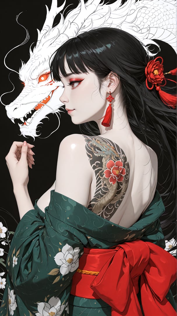 AI generated wallpaper featuring woman, dragon, tattoo, kimono