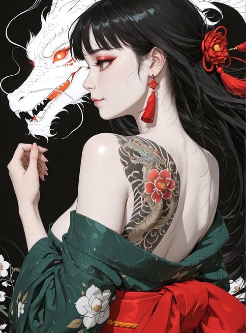 woman, dragon, tattoo, kimono