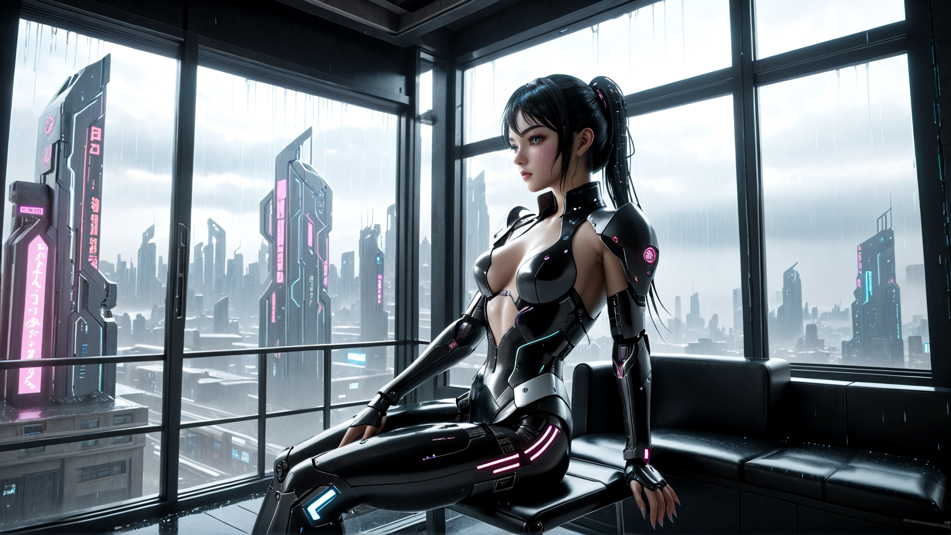 AI generated wallpaper featuring cyborg, woman, cityscape
