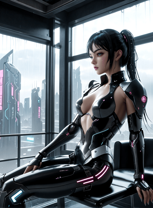 cyborg, woman, cityscape