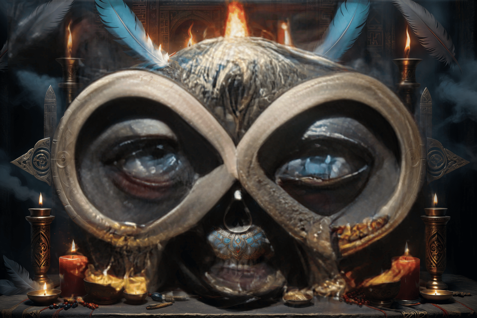 AI generated wallpaper featuring owl, mask, candles