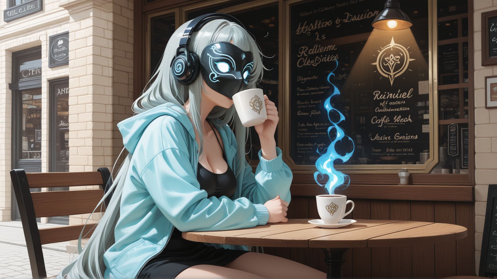 AI generated wallpaper featuring anime girl, coffee, mask, headphones, cafe, table, chair