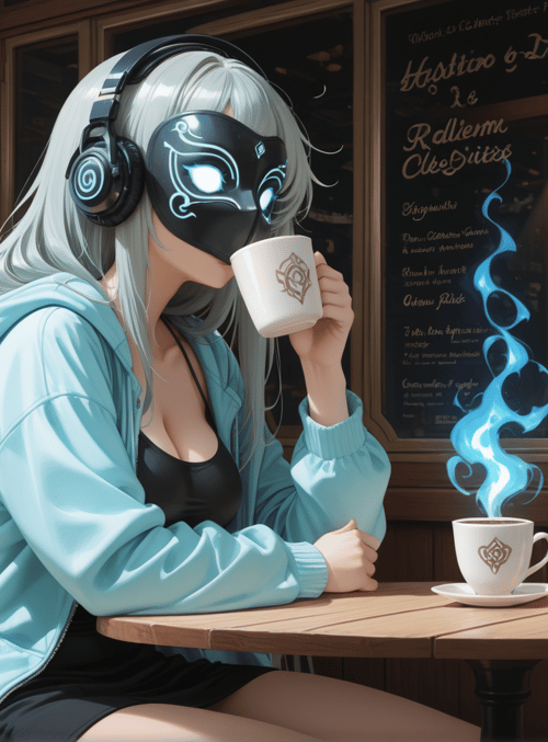 anime girl, coffee, mask, headphones, cafe, table, chair