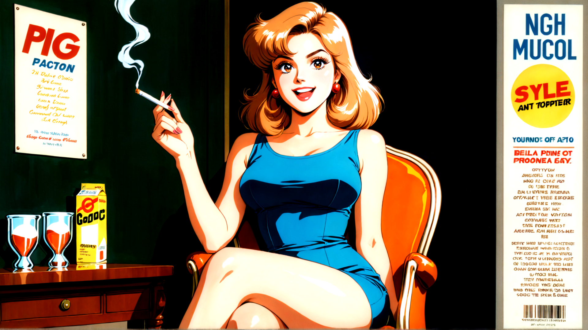 AI generated wallpaper featuring woman, cigarette, chair, table, glasses, box, poster, dress, earrings, smoke