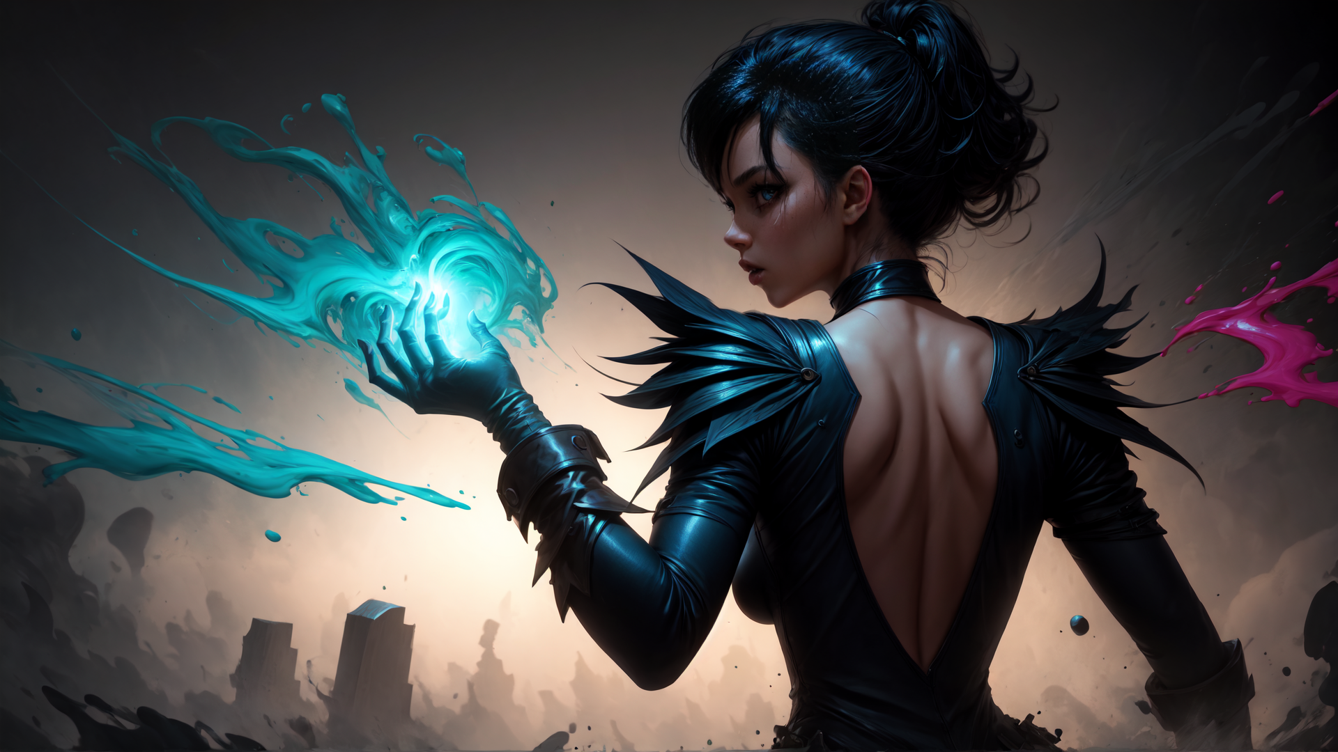 AI generated wallpaper featuring woman, gloved hand, energy, cityscape, splatter