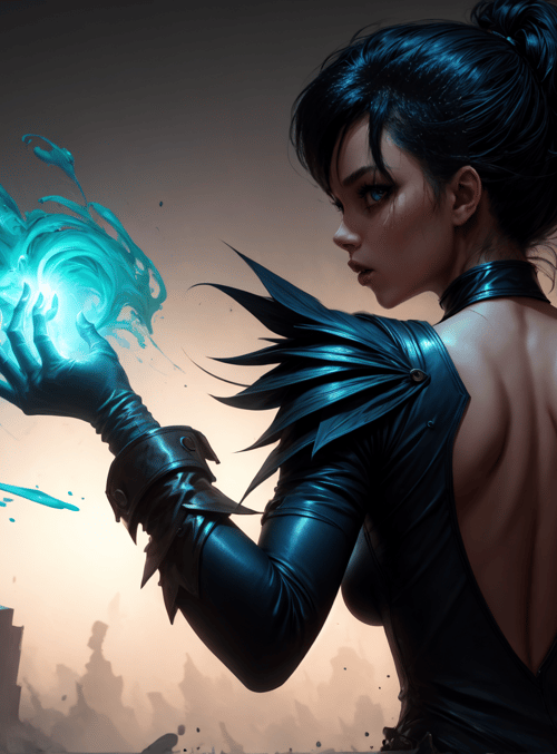 woman, gloved hand, energy, cityscape, splatter