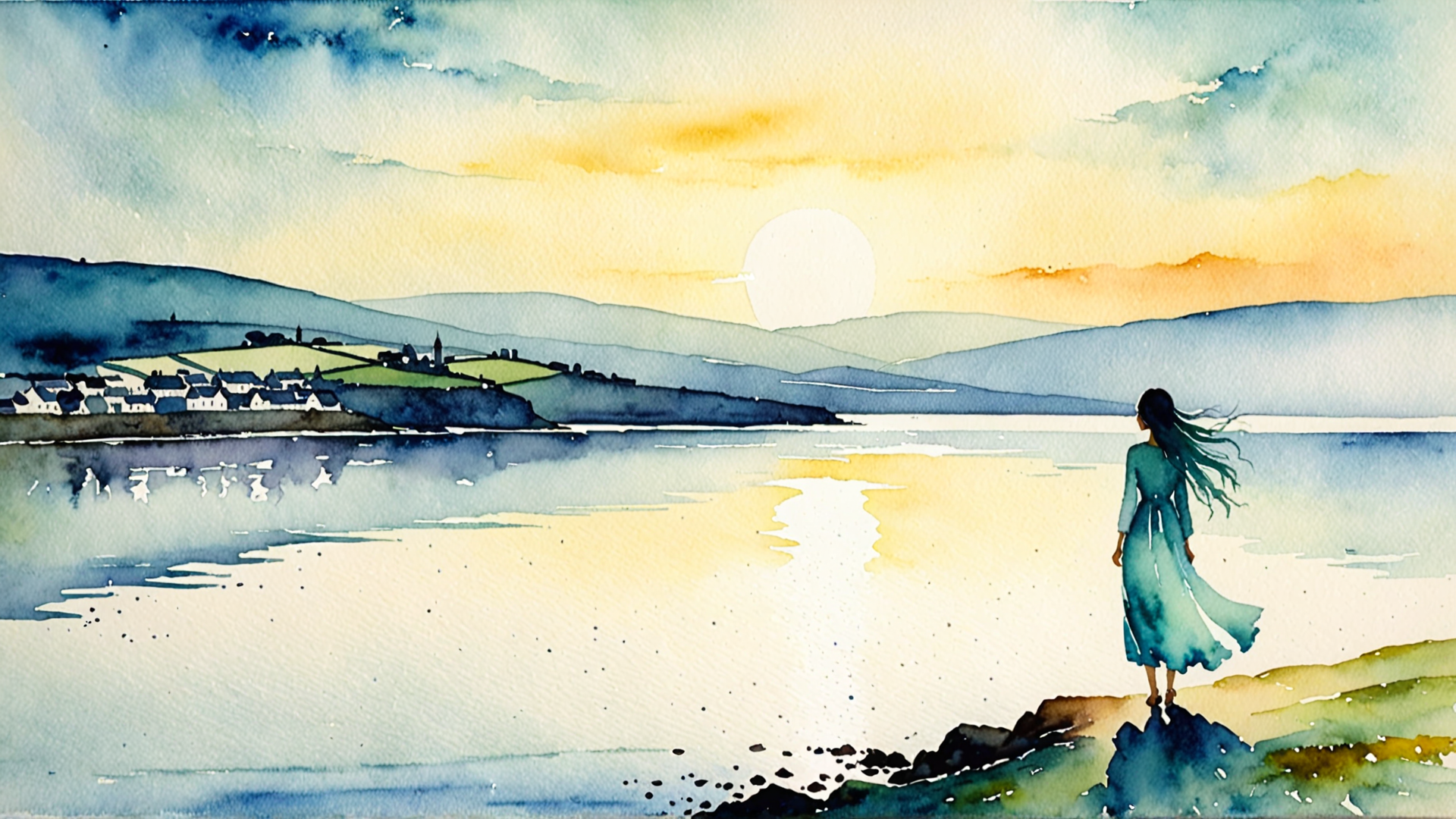 AI generated wallpaper featuring woman, lake, sun, mountains, village