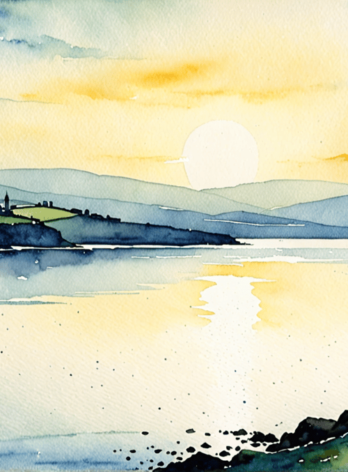 woman, lake, sun, mountains, village