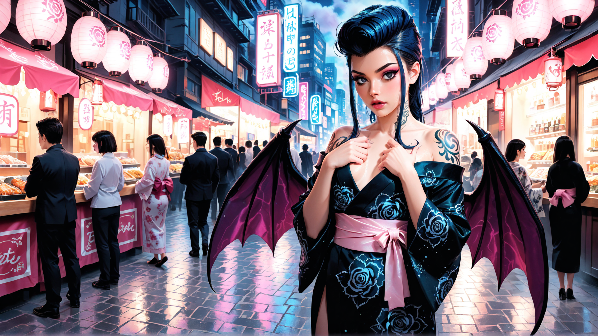 AI generated wallpaper featuring woman, bat wings, kimono, street, lanterns, people, signs, rose, tattoo, city