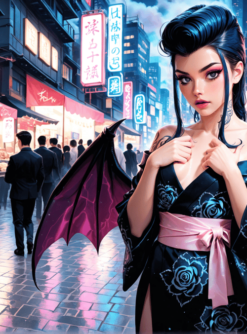 woman, bat wings, kimono, street, lanterns, people, signs, rose, tattoo, city