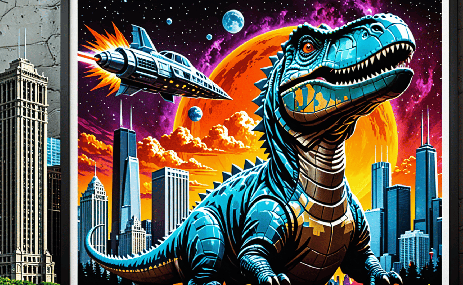 AI generated wallpaper featuring dinosaur, spaceship, cityscape, planet, sunset, clouds, skyscraper, moon, stars, sunset