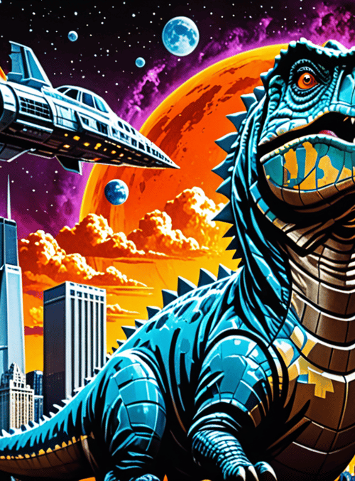 dinosaur, spaceship, cityscape, planet, sunset, clouds, skyscraper, moon, stars, sunset