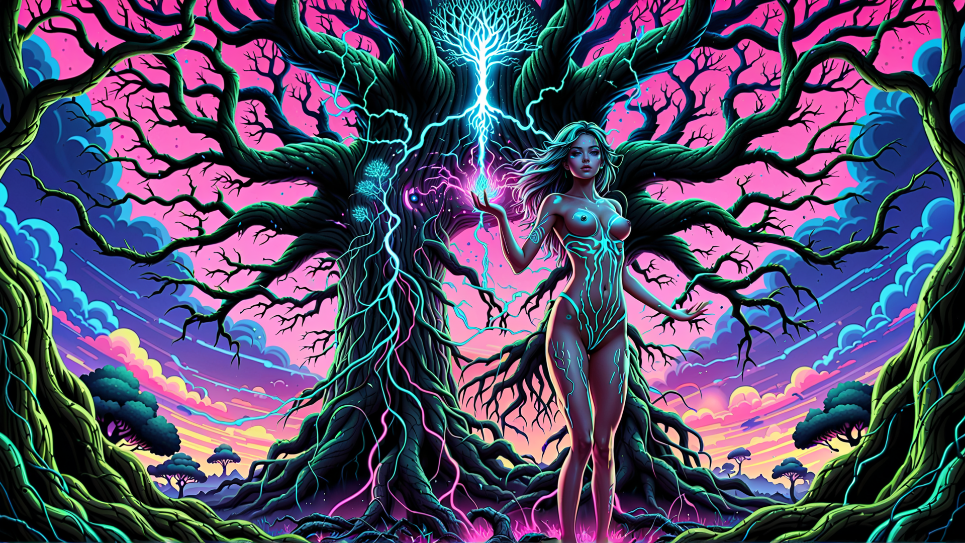 AI generated wallpaper featuring goddess, tree, nature, woman, roots, lightning, sky, clouds