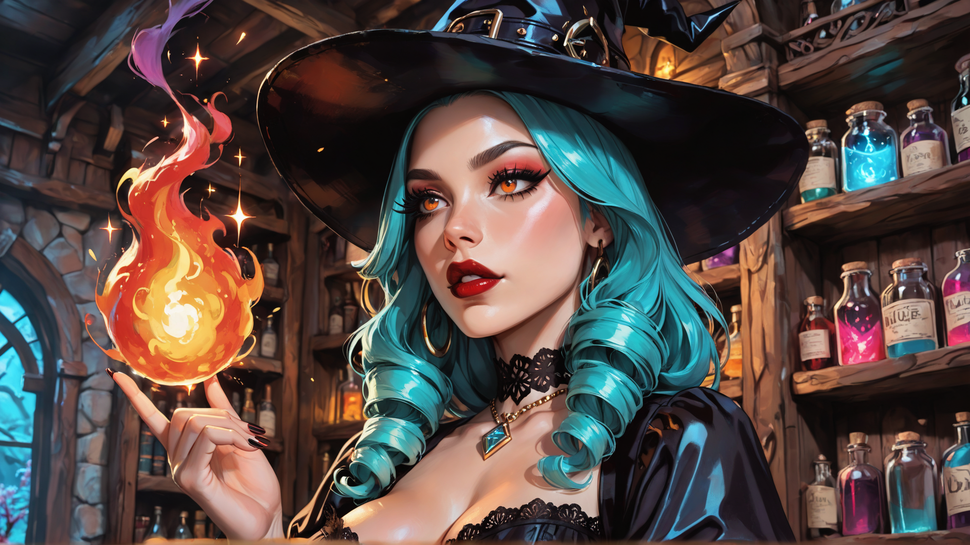 AI generated wallpaper featuring witch, fire, bottle, hat, hair, choker, earring, necklace, room, bottle