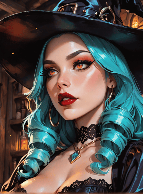 witch, fire, bottle, hat, hair, choker, earring, necklace, room, bottle