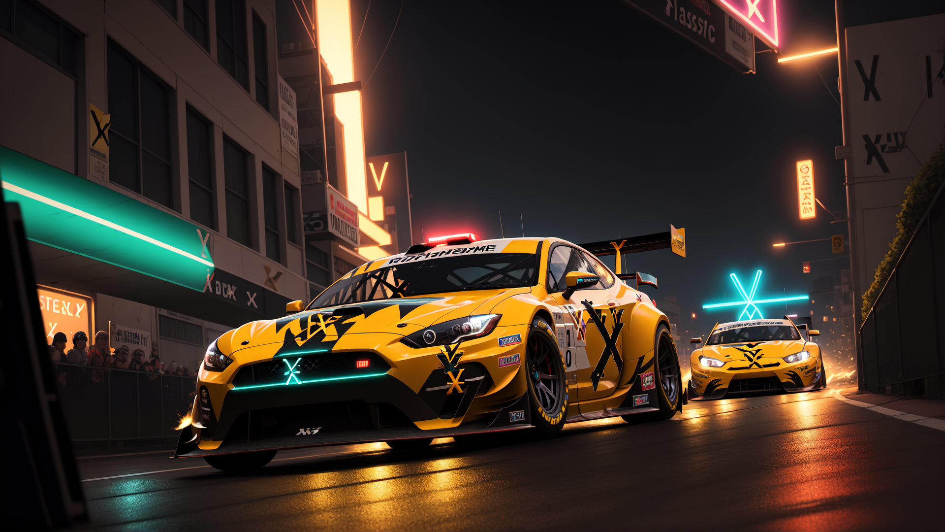 AI generated wallpaper featuring race car, street, neon lights, cars, audience, building, signs, sparks, cityscape, x
