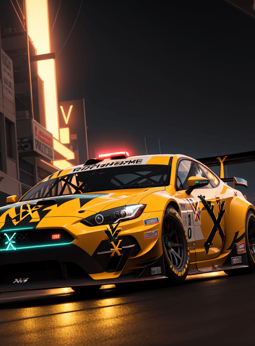 race car, street, neon lights, cars, audience, building, signs, sparks, cityscape, x