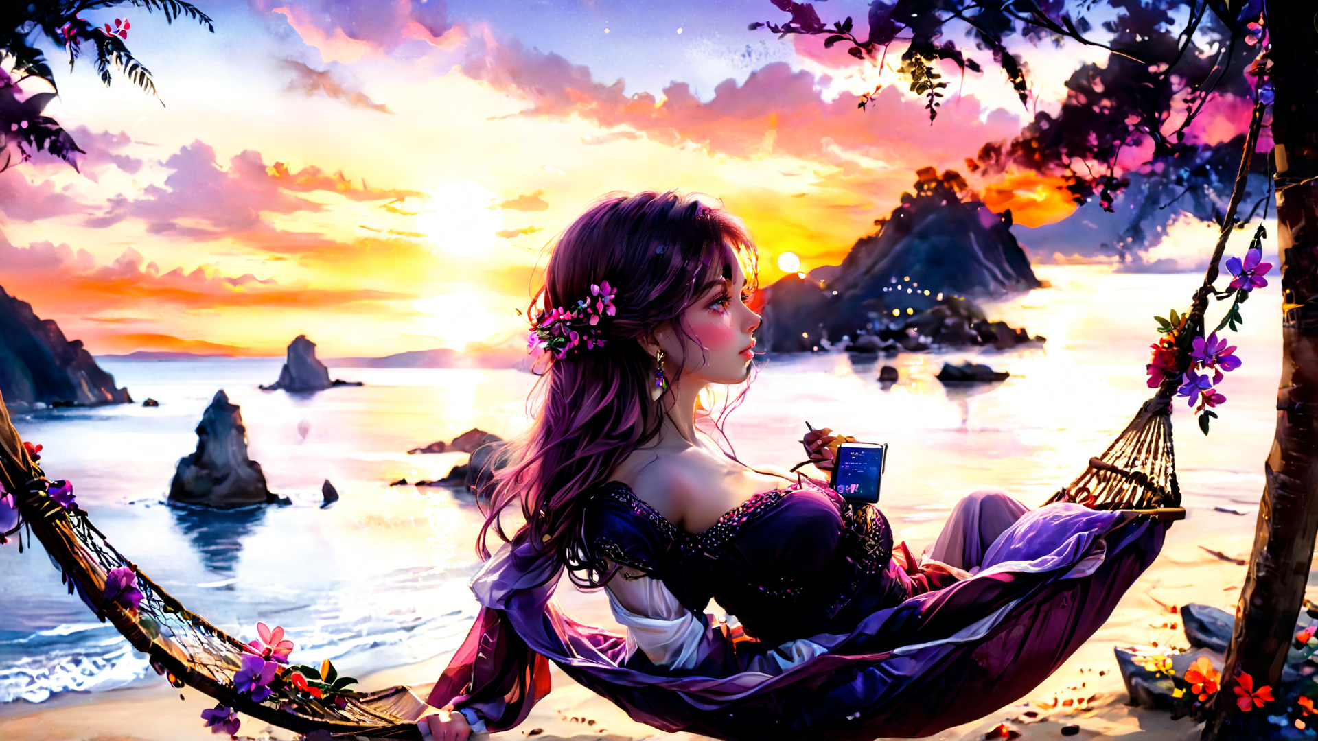 AI generated wallpaper featuring woman, hammock, ocean