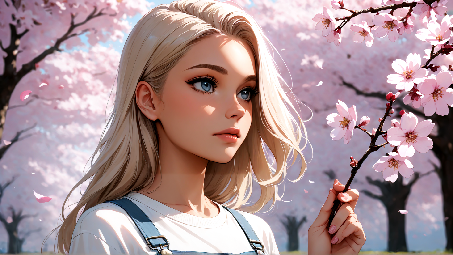AI generated wallpaper featuring girl, cherry blossoms, branch