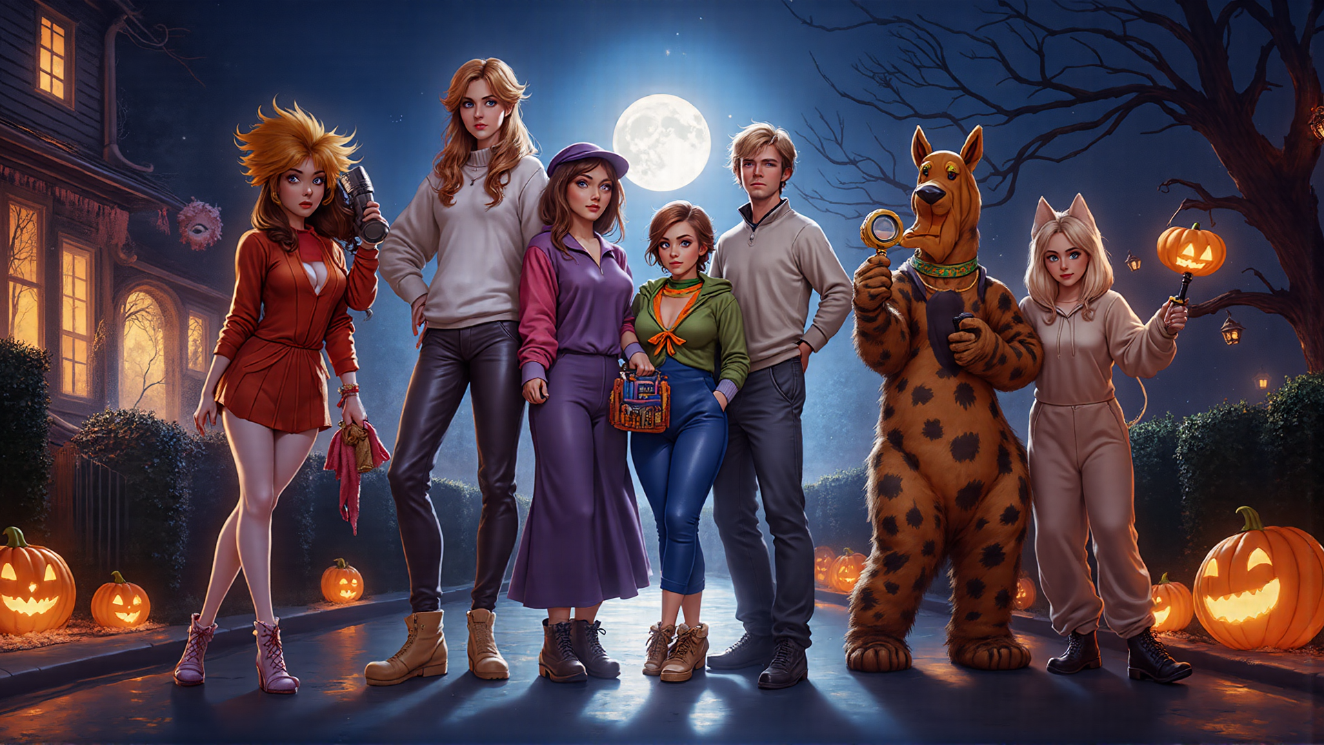 AI generated wallpaper featuring group, people, costumes, pumpkins, moon, tree, house