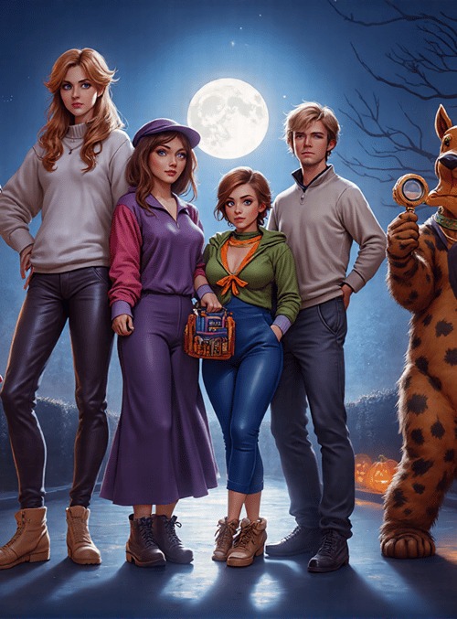 group, people, costumes, pumpkins, moon, tree, house